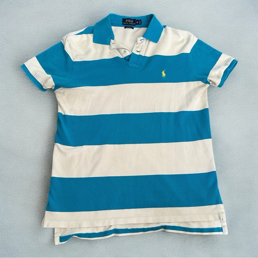 Vintage Cotton Polo by Ralph Lauren Men’s Blue and White Striped Shirt